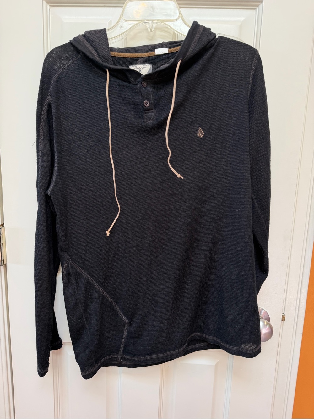 Volcom Men’s Black Hooded Henley with Tan Drawstrings